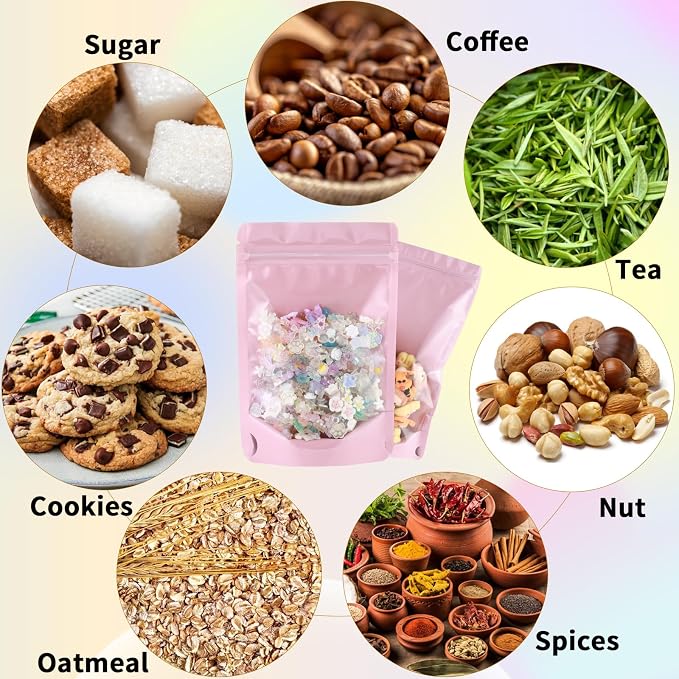 150 Pcs Mylar Bags for Food Storage, 6x9 Mylar Bag with Window Stand Up, Bulk Holographic Resealable Bags Smell Proof Bag Food Packaging for Small Business Freeze Dried Candy Jewelry Foil Packaging - Image 4