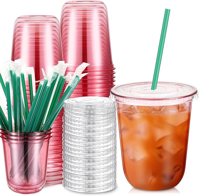 Baderke 25 Set Plastic Cups with Lids and Straws, Disposable Plastic Iced Coffee Cup for Cold Beverage Juice Smoothie Crystal for Coffee Shops Party Catering (Pink,14 oz) by Baderke