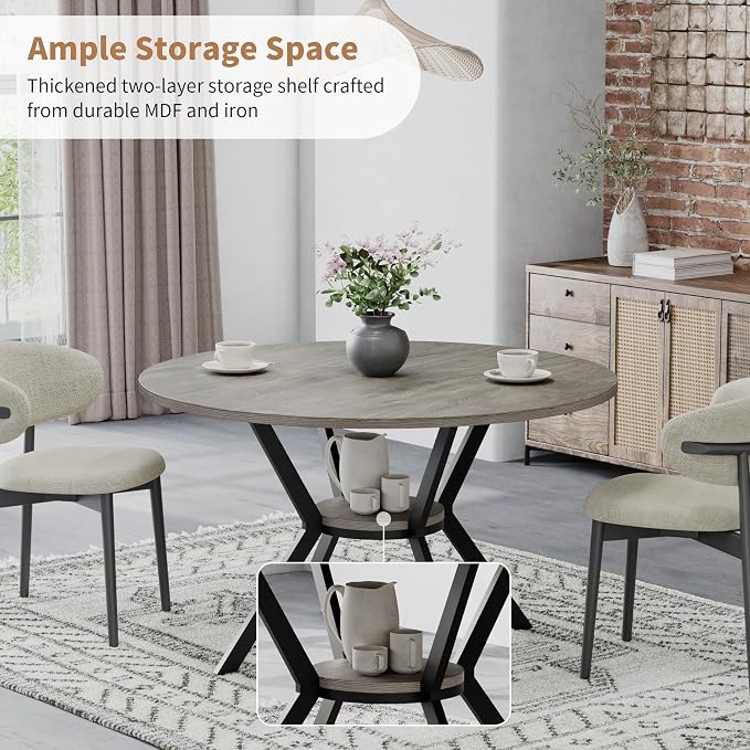 Round Dinner Table for 2-4, 42 Inch Kitchen & Dining Room Table with Storage, Wooden Circle Dining Table, Mid Century Modern Dining Table with Metal Legs for Kitchen, Living Room, Dining Room, Grey - Image 3