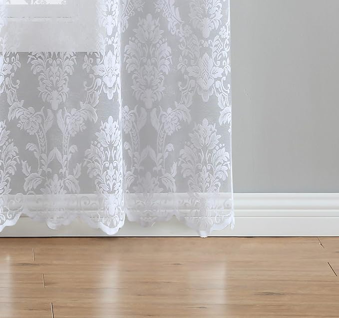 LinenZone 38 x 84 Luxury White Knitted Lace Curtains. (Lisa 38 x 84, White) | 2 Elegant Knitted Lace Curtains with Floral Damask Design and Scalloped Bottom in 63, 84 and 96 Inch Sizes. - Image 3