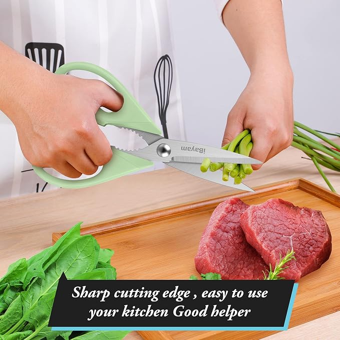 iBayam 8.7" Heavy Duty Kitchen Scissors All Purpose 2-Pack –Pistachio/Blue | Sharp stainless steel blades, cut meat, chicken & vegetables. Ergonomic comfort grip, dishwasher safe, includes blade covers - Image 6