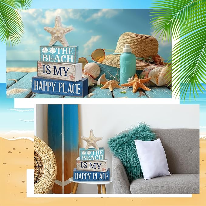 Moucuny 4 Pcs Summer Table Decoration Beach Tiered Tray Decor Starfish Coastal Rustic Wooden Block Sign Gifts Blue and White Ocean Centerpieces Farmhouse Beach Nautical Decor for Home Shelf Mantel - Image 5