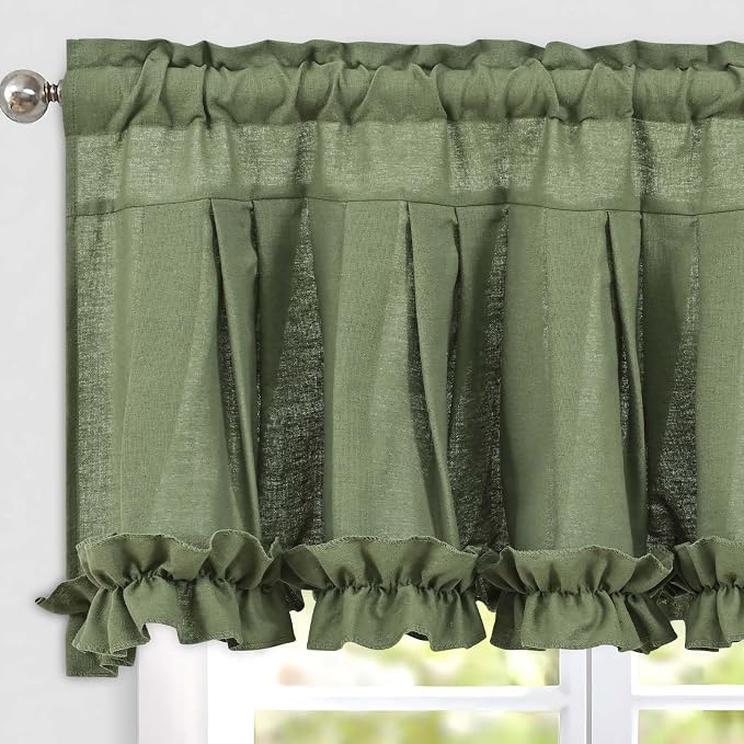Likiyol Linen Valances for Windows Farmhouse Window Valances with Ruffle Rustic Country Light Filtering Kitchen Valance Curtains Rod Pocket Valance for Bathroom Cafe, Green, 52" W X 18" L - Image 9