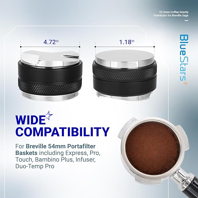 BlueStars 53.3mm Coffee Gravity Distributor & Tamper - Dual Head Coffee Leveler Compatible with 54mm Breville Portafilter - 304 Stainless steel Adjustable Depth Espresso Distributor Tool