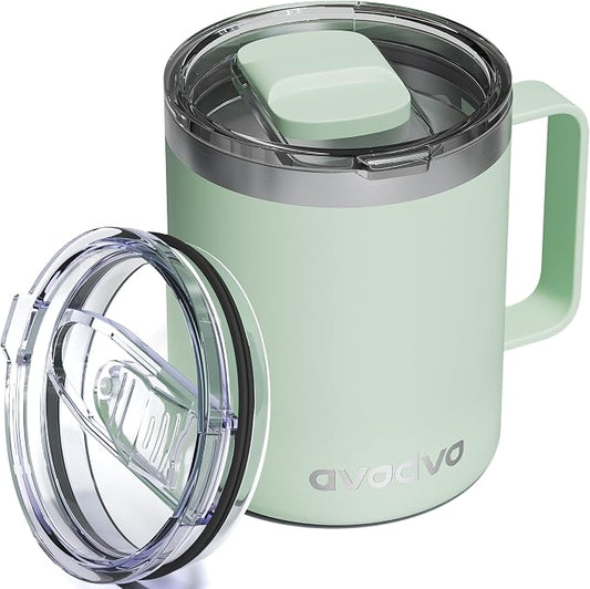 12oz Insulated Coffee Mug with Lid – Includes Two Lids, Stainless Steel Coffee Travel Mug with Handle, Double Wall Vacuum Insulated Camping Mug for Home, Office & Outdoor, Mint Green by avodvo
