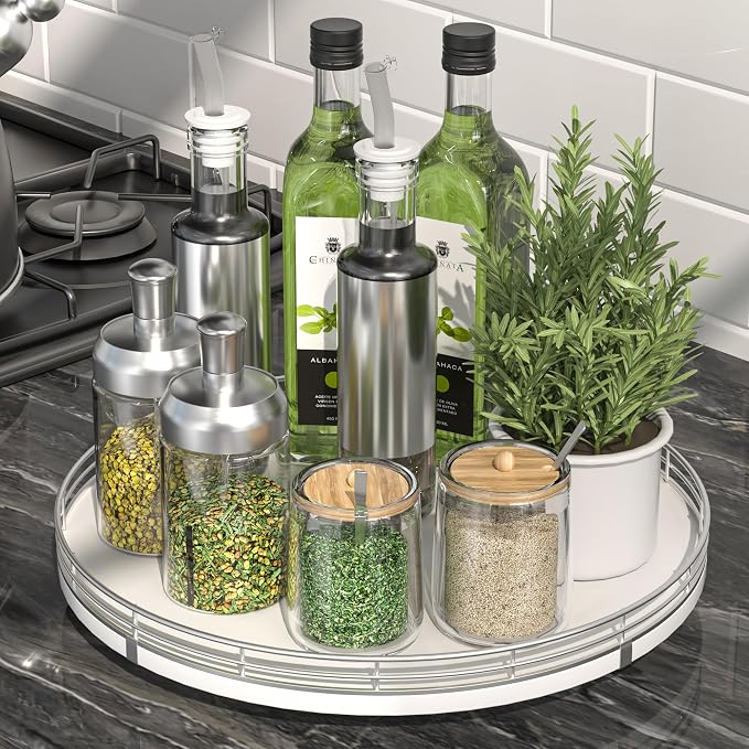 Oroyutor 12-Inch Oak Lazy Susan Spice Organizer with Silver Metal Rail | Rotating oak tray organizes spices, toiletries and decor on kitchen counters, bathroom vanities, dining and coffee tables. by Oroyutor
