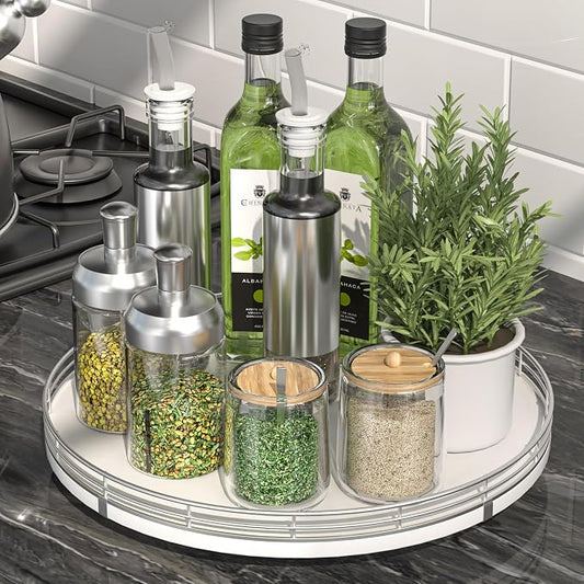 Oroyutor 12-Inch Oak Lazy Susan Spice Organizer with Silver Metal Rail | Rotating oak tray organizes spices, toiletries and decor on kitchen counters, bathroom vanities, dining and coffee tables. by Oroyutor