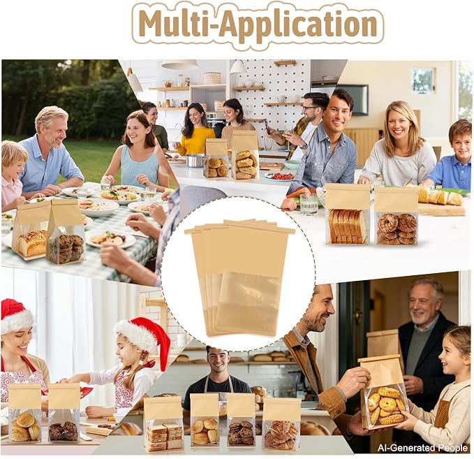 Bakery-Grade Bread & Cookie Bags for Homemade Snack, 2-Size 25Pcs | Luxury Brown Paper Bags with Clear Window, Reusable Tin Tie, Odor-Free Safe for Sourdough, Popcorn, Bake Sales& Snack Storage - Image 7