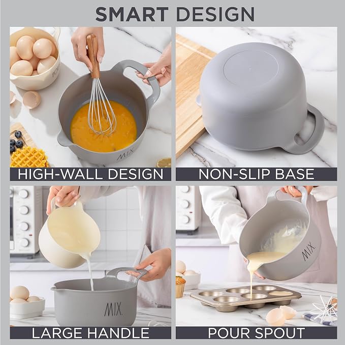 Rae Dunn Non-Slip Mixing Bowls - 4 Piece Nesting Plastic Mixing Bowl Set with Pour Spouts and Handles-Measurement Markings (Grey) - Image 4