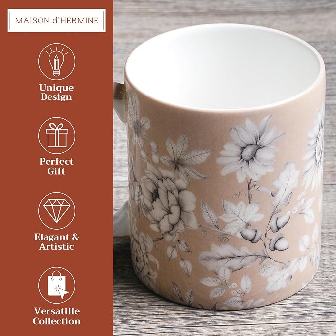Maison d' Hermine Coffee Mug with Handles Tea Cups (15 Ounce, Pack of 1) | Fine Bone China Coffee Mugs for Hot Beverages Cappuccino Latte Home Restaurant Spring Summer -Pretty Autumn - Mono Autumn - Image 2