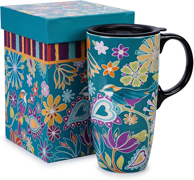 Topadorn 17oz Ceramic Travel Mug with Lid, Floral Coffee Mug, Folk Art Bird | Colorful Ceramic Coffee Mug With Handle, Splash-Resistant Lid, Microwave And Dishwasher Safe, Matching Gift Box Included by Topadorn