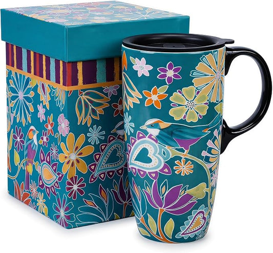 Topadorn 17oz Ceramic Travel Mug with Lid, Floral Coffee Mug, Folk Art Bird | Colorful Ceramic Coffee Mug With Handle, Splash-Resistant Lid, Microwave And Dishwasher Safe, Matching Gift Box Included by Topadorn