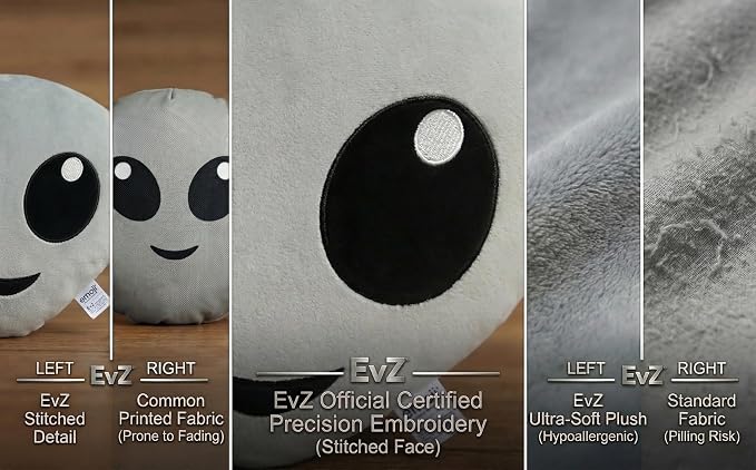 EvZ Official Certified Alien Emoji Pillow - 31cm Large Soft Plush Grey Outer Space Emoticon Cushion - Unique Decorative Stuffed Toy for Sci-Fi Fans, Techies & Modern Room Decor (Grey) - Image 3