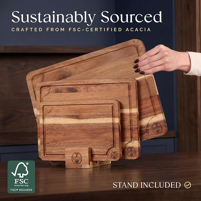Pre-Oiled, Non Toxic 3-Piece Acacia Cutting Board Set with Stand | 15.7 x 11.8 in, 13 x 9.4 in, 10.2 x 7.1 in · FSC certified · Includes 3.4 fl oz oil · Deer & Oak - Image 4