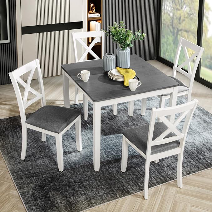 5-Piece Dining Table Set for 4, Kitchen Dining Table with 4 Soft Cushioned Solid Wood Chairs, Ideal for Home or Restaurant Use.(Gray & White_Small) - Image 3