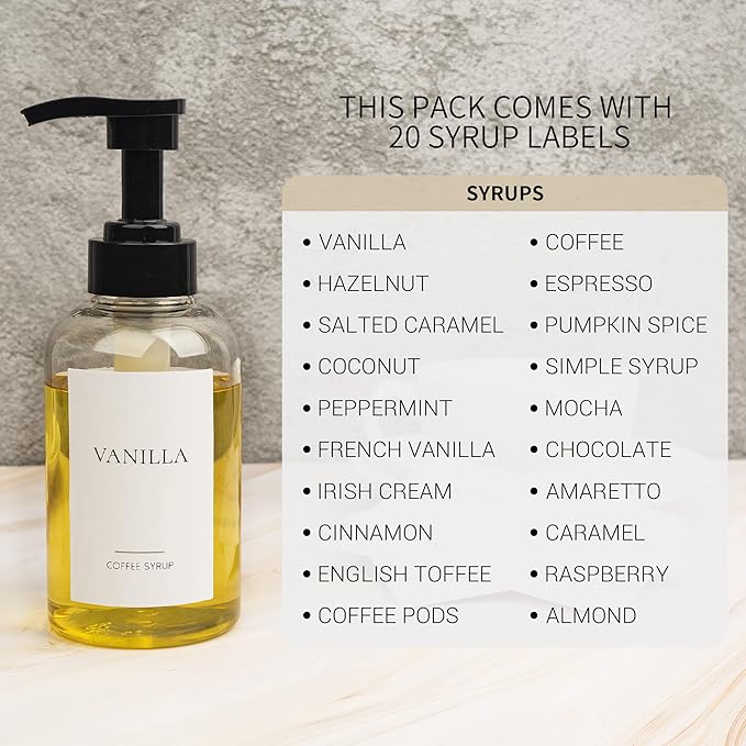 4 Pieces Coffee Syrup Dispenser Bottle 300ml PET Black Pump Bottles with Labels for Coffee Bar Organization