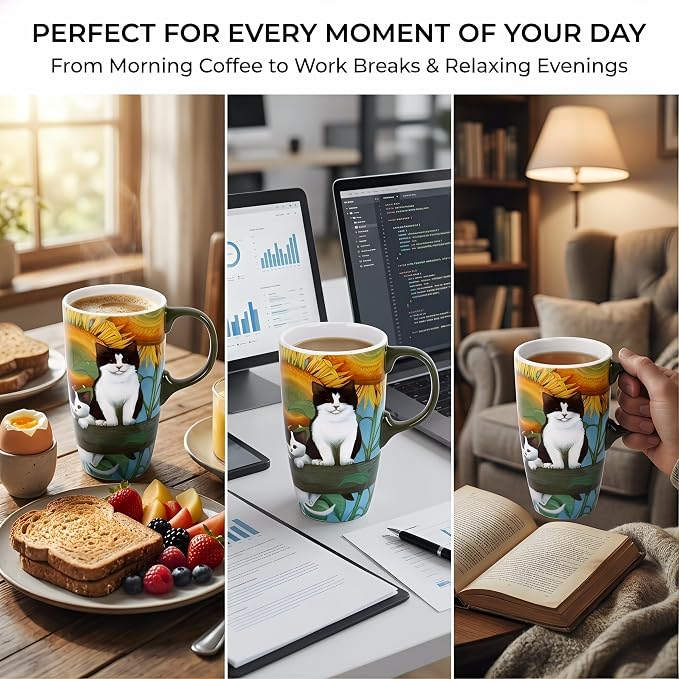 Topadorn 17oz Ceramic Travel Mug with Lid, Sunflower & Cat Coffee Mug | Coffee Mug with Handle, Cat & Sunflower Design, Spill-Resistant Lid, Microwave & Dishwasher Safe, Gift Box Included - Image 2