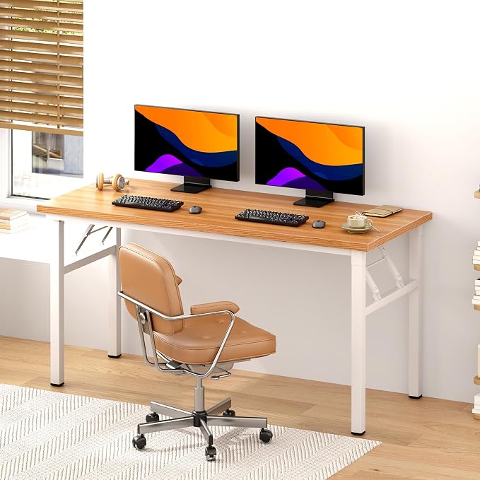 DlandHome 54.3 Inch Large Folding Computer Desk, Fully Assembled Teak White | Foldable Writing Table, Portable Activity Conference Table for Home Office, Wood Top Metal Frame, Collapsible Easy Storage - Image 2