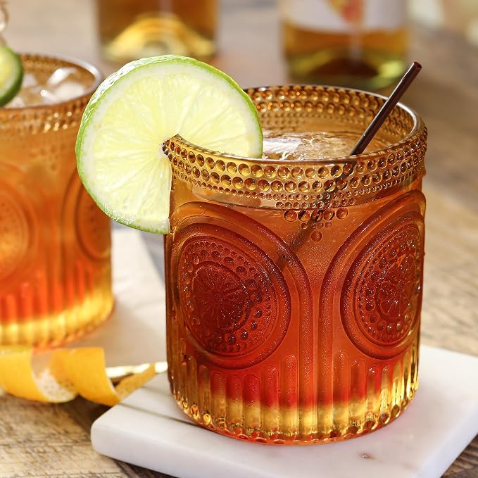 Vintage Amber Drinking Glasses Set of 6 by Kate Aspen - 10 oz Ribbed Glassware for Drinking Water, Juice, Cocktail Glasses - Ribbed Glass Cups Set, Iced Coffee Cup, Kitchen Drinkware or Home Bar - Image 2