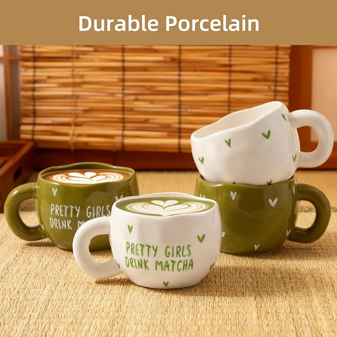4pcs Ceramic Coffee Cups, 9.4OZ Cute Matcha Cup Set, Green & White, Dishwasher Safe Green Tea Mugs, Pretty Girls Collection - Image 3