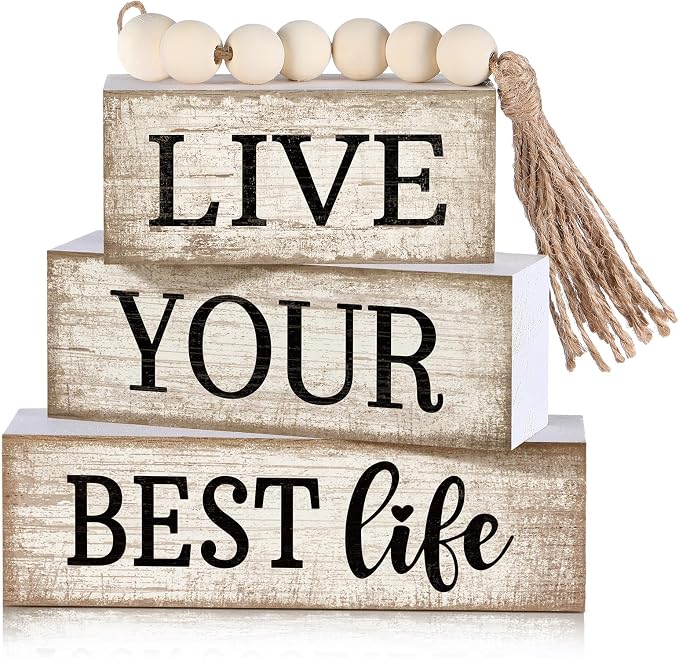 Moucuny 4 Pcs Farmhouse Table Decor Inspirational Wooden Signs Rustic Beaded Wooden Block Gift Sign Live Your Best Life Farmhouse Table Centerpiece for Living Room Housewarming Gift by Moucuny