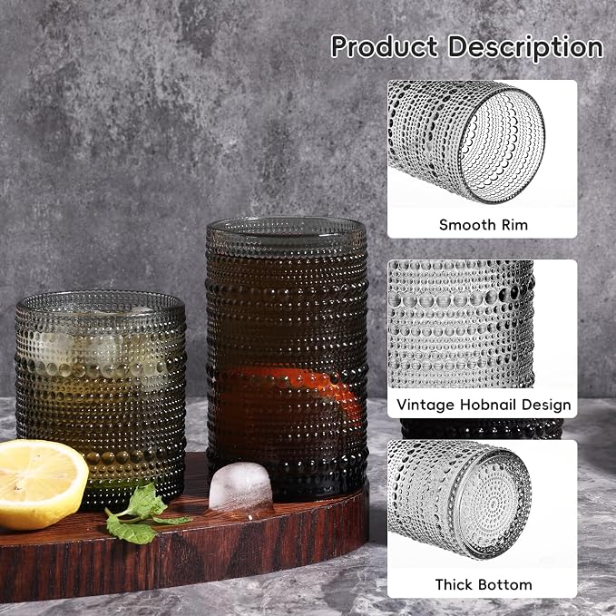 Moretoes Gray Hobnail Drinking Glasses Set of 6,Glass Cups | 12 Oz Highball Glasses & 10 Oz Cocktail Glasses, Kitchen Bar Tumbler Glassware Set for Whiskey, Beer, Juice, Milk - Image 6