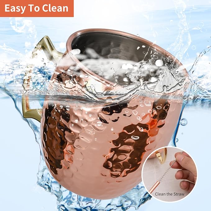 Amrules Moscow Mule Mugs Set of 4, 16 OZ Hammered Copper Cups with 304 Stainless Steel Lining and Gold Brass Handles, Includes Straws, Opener, Jigger, Brush, Fit for Cold Drinks, Bars, Parties - Image 5