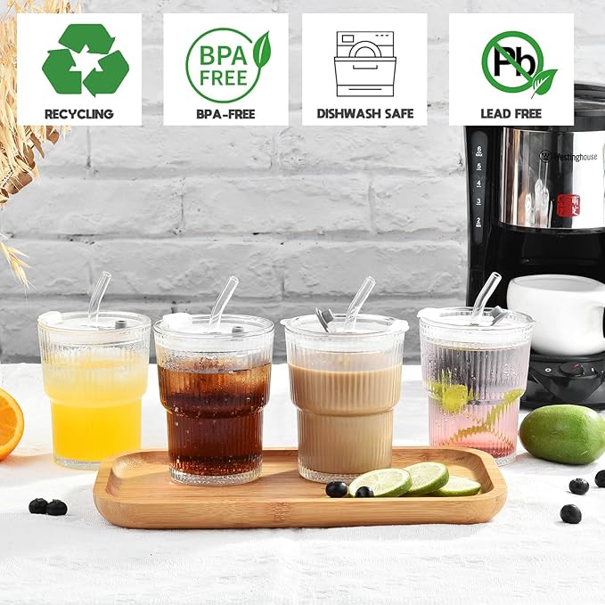 Haundry 14 oz Ribbed Glass cups with Lids and Straws, 2 Pack Iced Coffee Cups, Thickened Glassware Set, Ripple Design Glass Cups for Coffee, Soda, Smoothies, Cocktails and Juice