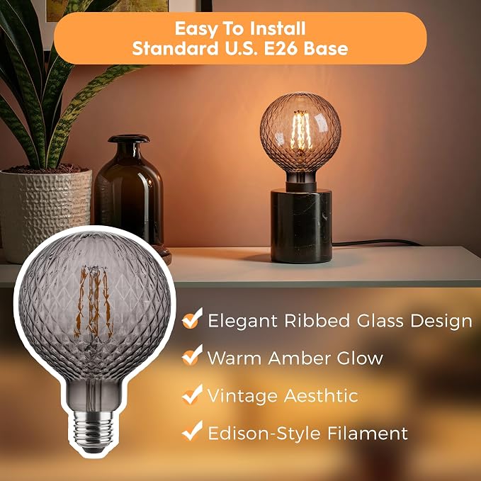 G125 Edison LED Bulb,4W Dimmable E26,2200K Smoky Diamond Glass | Oversized Decorative Edison Bulb, Mellow Ambient Light, Dim, Fit Indoor & Outdoor Store, Cafe & Dining Area Lighting - Image 5