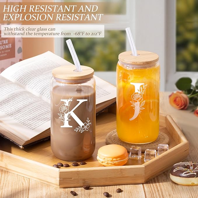 Personalized Gifts for Women, Monogrammed Gifts for Women, Initial 16 oz Glass Cups With Lids and Straws, Customized Mug, Personalized Birthday Gifts Christmas Gifts for Her Mom Friend Woman, K