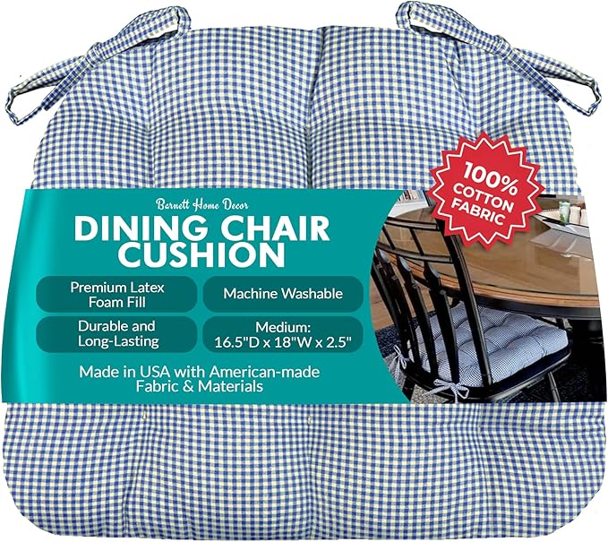 Barnett Home Decor Madrid Dark Blue Dining Chair Pad with Ties - Medium Size 18 Chair Cushion - Latex Foam Fill - Machine Washable, Reversible, 100% Cotton, Made in USA (Blue Gingham) by BarnettHomeDecor