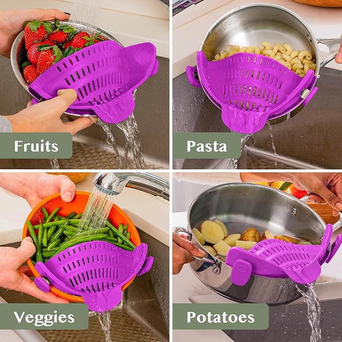 Kitchen Gizmo Snap N Strain Pot and Pasta Strainer - Strainers and Colanders - Adjustable Silicone Clip On Strainer for Pots, Pans, and Bowls - Kitchen Colander - Purple (Pack of 2) - Image 7
