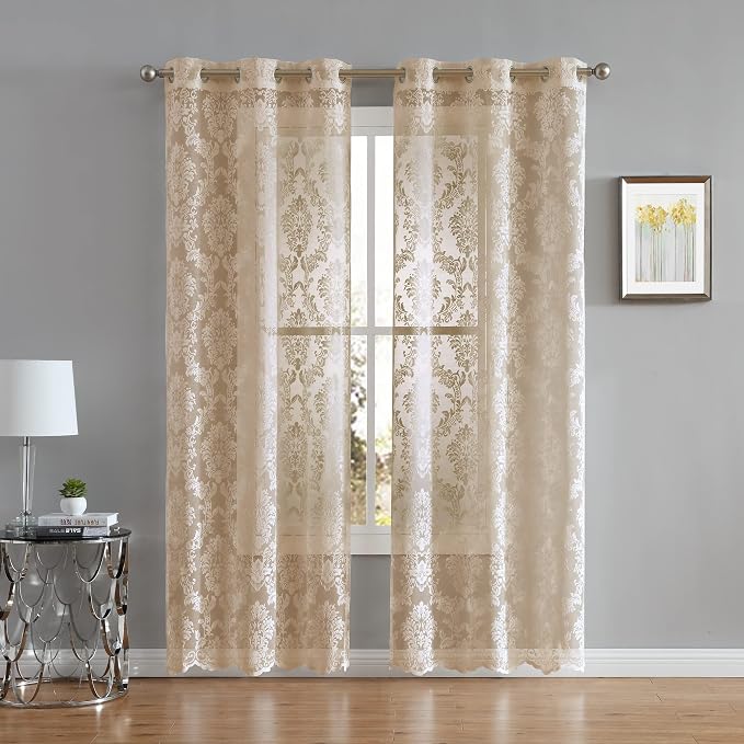 LinenZone 38 x 63 Luxury Linen Knitted Lace Curtains. (Lisa 38 x 63, Linen) | 2 Elegant Knitted Lace Curtains with Floral Damask Design and Scalloped Bottom in 63, 84 and 96 Inch Sizes. by LinenZone