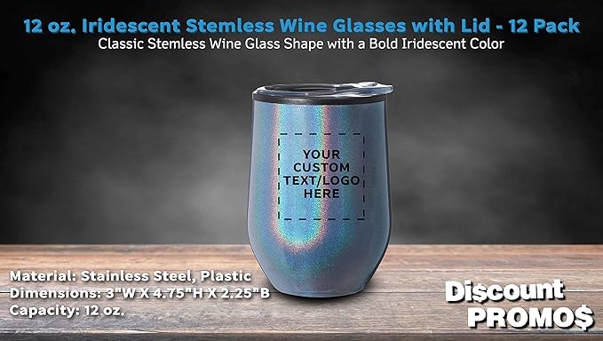 Custom Palmera Stemless Wine Tumblers with Lids 12 oz. Set of 12, Personalized Bulk Pack - Perfect for Wine, Cocktails, Other Hot & Cold Beverages - Iridescent Blue