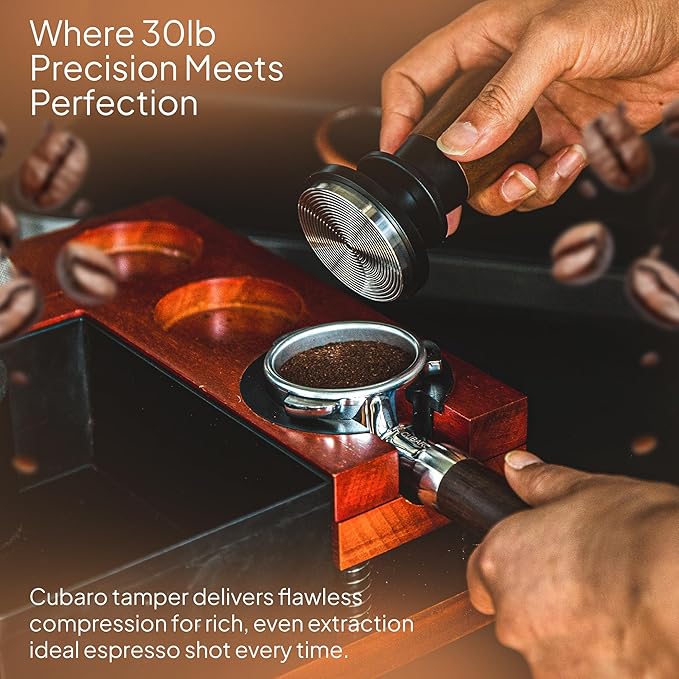 53.3mm Calibrated Espresso Tamper - 30lb Spring Loaded Auto-Leveling Coffee Tamper with Walnut Handle & Ripple Stainless Steel Base - Fits 54mm Breville Portafilter Machines