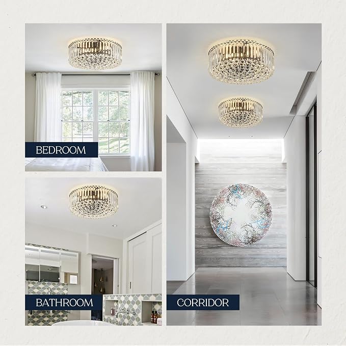 17.3" Black K9 Crystal Raindrop Flush Mount Ceiling Light, Modern Chandelier, Round Luxury Light Fixture for Dining Room, Bedroom, Hallway, Kitchen Island & Living Room - Image 8