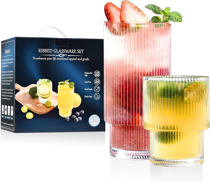 ISMASOAN Small Ribbed Glassware Set of 12, Glass Cups Fluted 12 oz & 7 oz | Stackable Glasses cup set for kitchen use in a gift box. Ideal for water, juice, iced coffee and everyday drinks by ISMASOAN