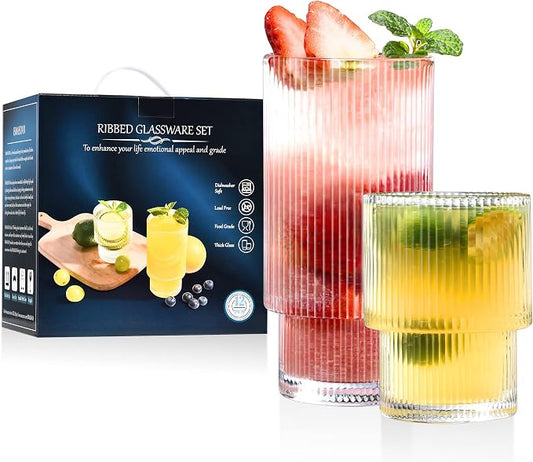 ISMASOAN Small Ribbed Glassware Set of 12, Glass Cups Fluted 12 oz & 7 oz | Stackable Glasses cup set for kitchen use in a gift box. Ideal for water, juice, iced coffee and everyday drinks by ISMASOAN