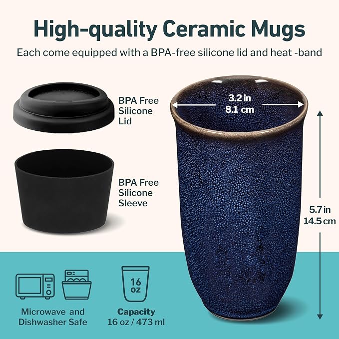 NOVA CERAMICS Coffee Tumbler – Travel Mug - On the Go Coffee Mug – Microwave & Dishwasher Safe Green Coffee Tumbler - Gifts For Women Men Him Her – 16oz – Abyss - Image 3