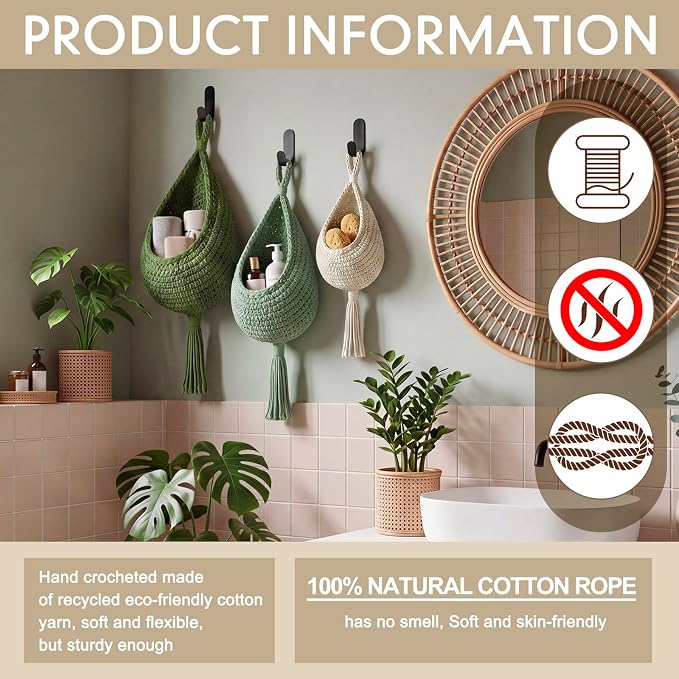 Honeydak Boho Decor Hanging Wall Baskets for Kitchen 3 Pack Teardrop Baskets with Hooks Storage Fruit Onion Vegetable Potato for Home 3 Sizes(Sage Color Palette,Tassel,Cotton Rope) - Image 3