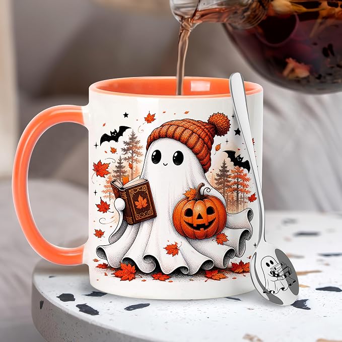 Hyturtle Fall Ghost Coffee Mug with Spoon Gifts for Book Lover on Halloween | Spooky Reading Themed Gifts for Readers, Fall Halloween Decor, Double-sided print 11oz ceramic mug, Comfort grip handle - Image 5