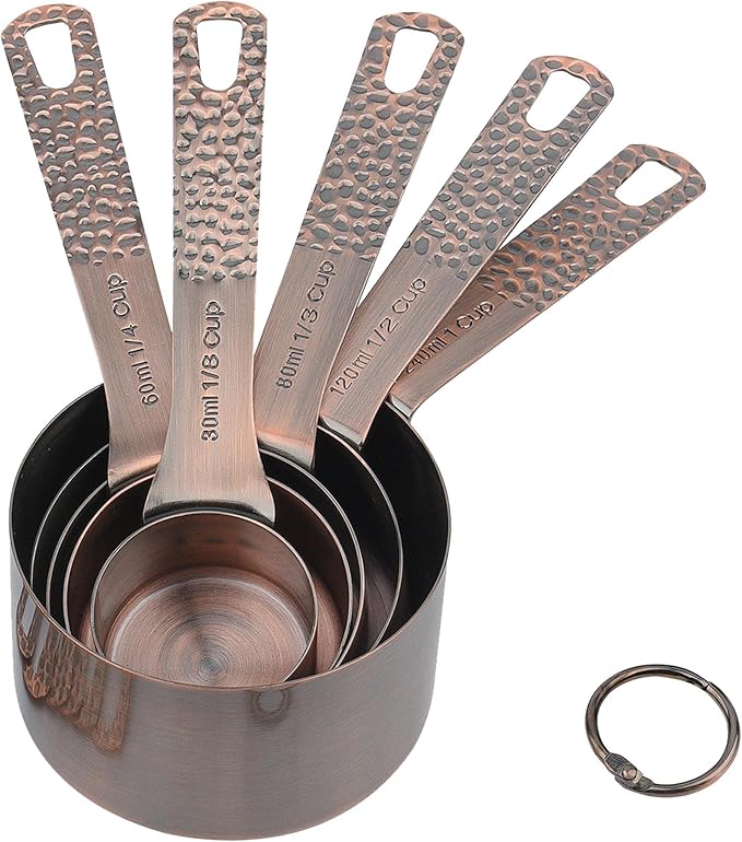 Copper Measuring Cups Set, Stainless Steel Copper Plated 5 Measuring Cups, Nesting Liquid Measuring Cup Set or Dry Measuring Cups Set for Baking and Kitchen
