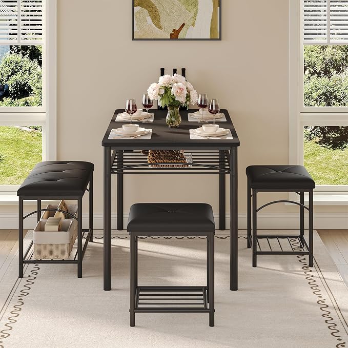 GarveeHome Dining Table Set for 4 with Upholstered Benches and 2 Stools, Modern Space Saving Kitchen Breakfast Table, Ideal for Small Kitchens, Apartments, Studios, and Compact Living Spaces by GarveeHome