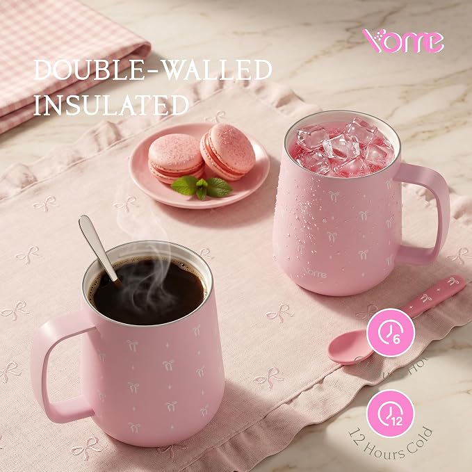 YOME 10oz Elegant Bow Pink Insulated Coffee Mug with Handle for Women | Ceramic Lined Coffee Mug with Splash-Resistant Lid| Pure Taste Stainless Steel Coffee Cup | Easy to Clean | Keeps Drinks Cold - Image 3