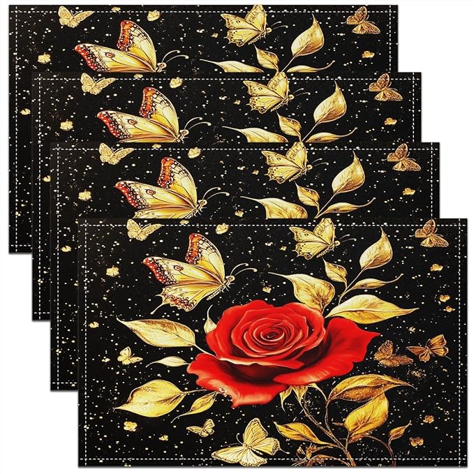 Feelyou Red Flower Rose Table Place Mats, Butterfly Rose Placemats Set of 4 18" X12" Placemat for Kitchen Dining Table Decor Indoor Outdoor, Romantic Flower for All Season by Feelyou