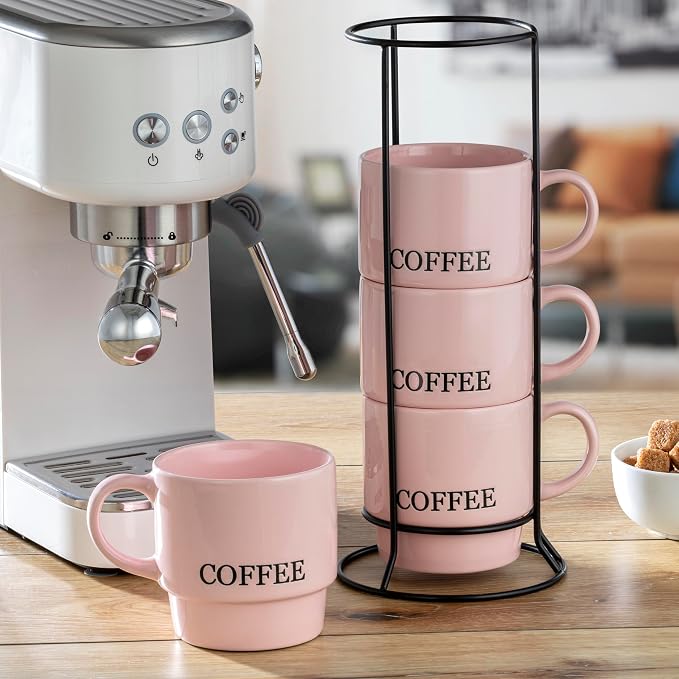 Signature Housewares Stackable Coffee Mug Tower Set with Metal Wire Rack - 15 Ounce Coffee Mugs for Coffee, Tea, Cocoa, Milk, Cappuccino, Hot Chocolate Set of 4 - Pink Coffee - Image 6