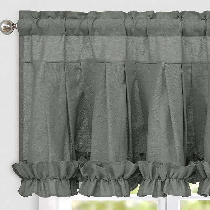Likiyol Linen Valances for Windows Farmhouse Window Valances with Ruffle Rustic Country Light Filtering Kitchen Valance Curtains Rod Pocket Valance for Bathroom Cafe, Grey, 52" W X 18" L - Image 8
