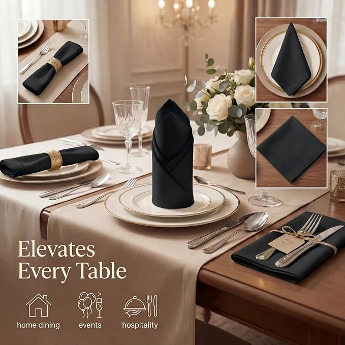 Urban Villa Hemstitch Cloth Dinner Napkins Cotton 20”x20” (Set of 12)-Black - Image 2