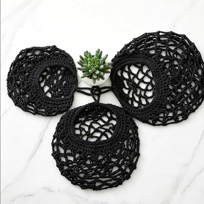 Honeydak Boho Decor Hanging Wall Baskets for Kitchen 3 Pack Teardrop Baskets with Hooks Storage Fruit Onion Vegetable Potato for Home(Black,Crochet,Cotton Rope) - Image 7