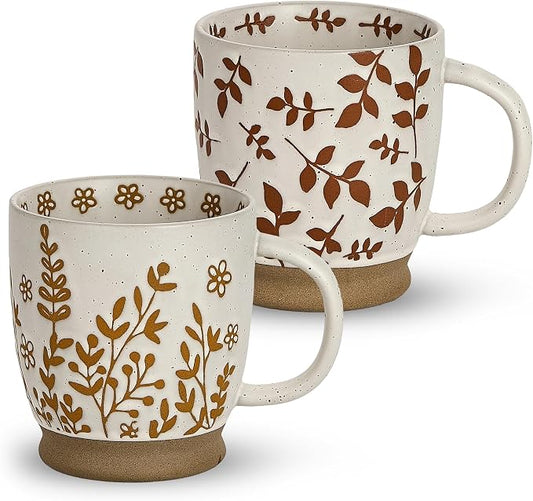 18 Oz Large Ceramic Coffee Mug Set of 2 - Rustic Handmade Floral Mugs with Handle, Microwave Safe for Latte Espresso Cappuccino Tea Cocoa Milk, Modern Unique Big Cups for Kitchen Women(Caramel Brown) by SwuutKitchen